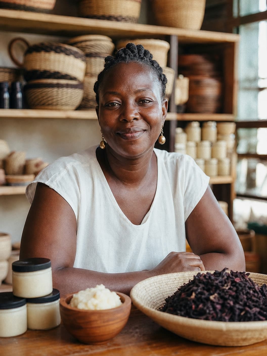Fournisseuse africaine assise devant des étagères de produits artisanaux