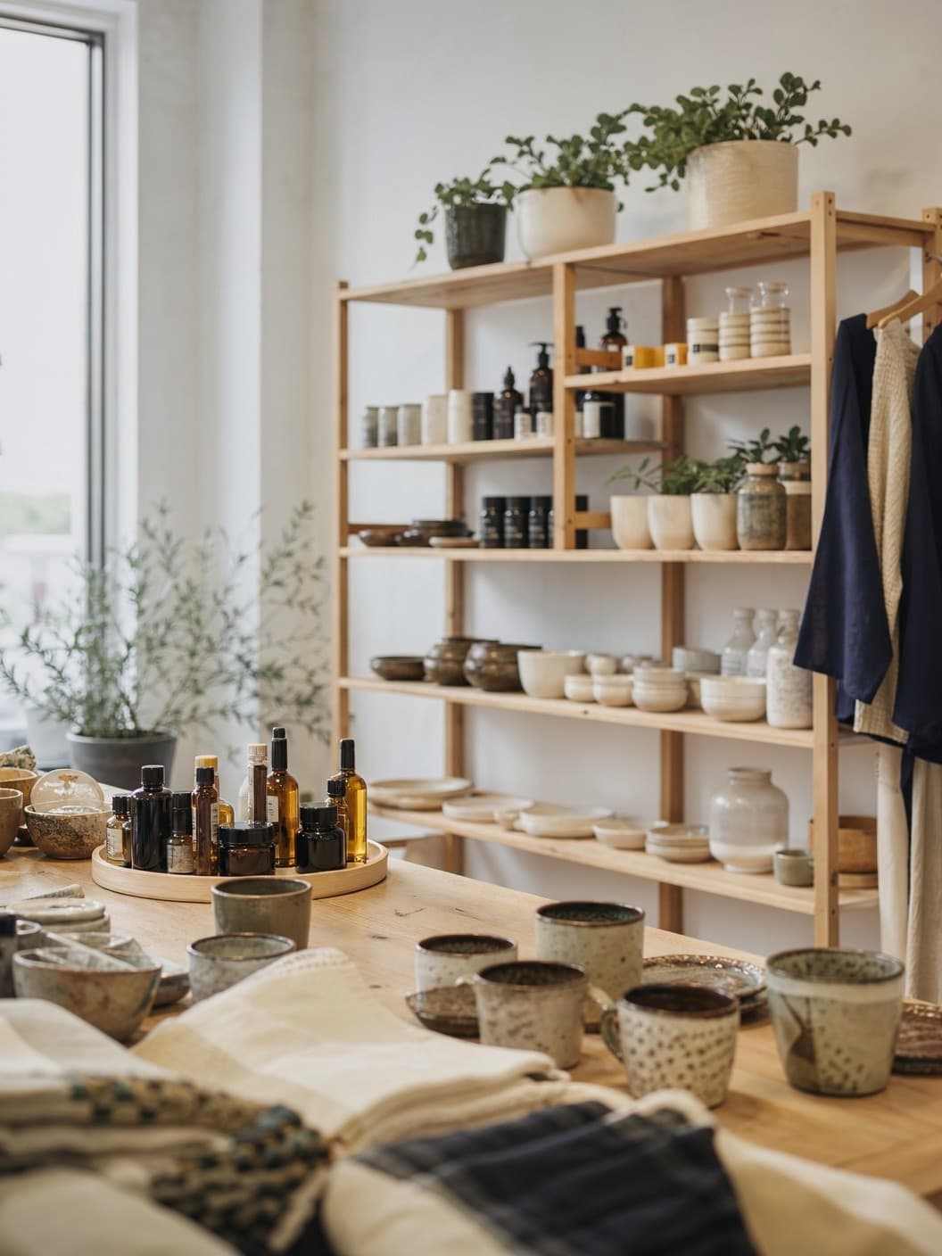 Étagères d’une boutique présentant des produits artisanaux et des objets pour la maison